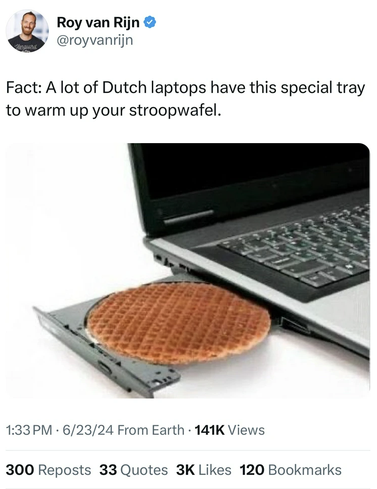 Photograph - Roy van Rijn Fact A lot of Dutch laptops have this special tray to warm up your stroopwafel. 62324 From Earth Views 300 Reposts 33 Quotes 3K 120 Bookmarks